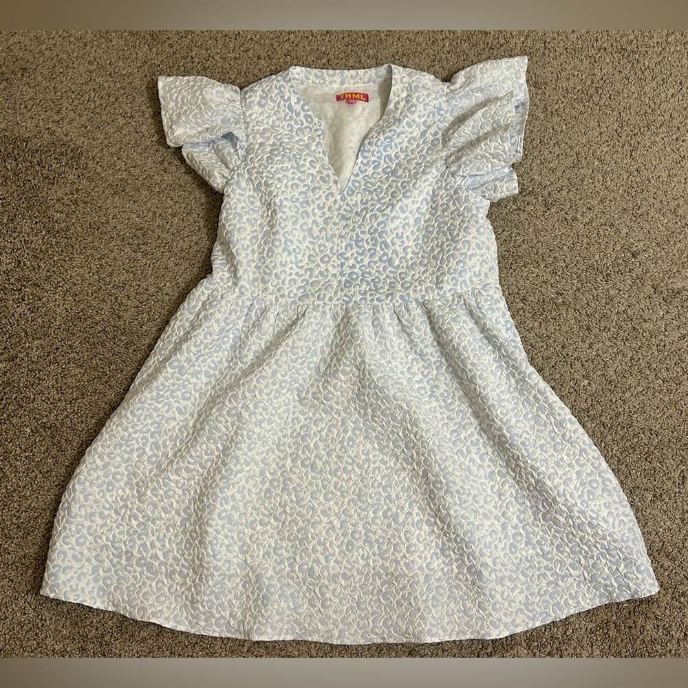 THML Light Blue & White Textured Flutter-Sleeve Dress Wildest Expectation Size M